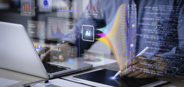 Zwei Personen arbeiten mit Laptop und Tablet an Datenanalysen. Darüber sind digitale Dashboards mit Diagrammen, Kennzahlen und einem KI-Symbol eingeblendet. Farbige Datenströme verbinden die Analyseflächen mit einer Darstellung aus Binärcode. Das Bild thematisiert KI im Reporting, Datenanalyse und automatisierte Auswertungen.