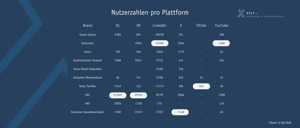 Auflistung der Nutzerzahlen pro Plattform auf Instagram, Facebook, LinkedIn, X, TikTok und YouTube.