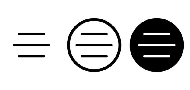 Drei Varianten des Hamburger-Menü-Symbols mit jeweils drei horizontalen Linien veranschaulichen die Navigation auf mobilen Websites und in Apps.