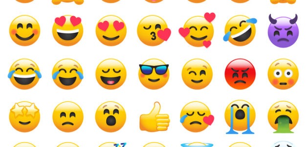 Übersicht mit 35 Emojis, die unterschiedliche Gefühle und Reaktionen zeigen, darunter Freude, Liebe, Überraschung, Wut, Traurigkeit, Müdigkeit und Kälte. Das Bild illustriert häufig missverstandene Emojis.