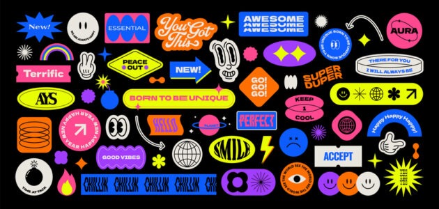 Bunte Sammlung aus Schriftzügen, Pfeilen, Smileys, Symbolen und dekorativen Grafiken auf schwarzem Hintergrund als Beispiele für verborgene Sticker in Instagram Stories.