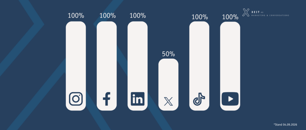 Balkendiagramm zur prozentualen Nutzung von Social-Media-Kanälen: Instagram 100 %, Facebook 100 %, LinkedIn 100 %, X (ehemals Twitter) 50 %, TikTok 100 %, YouTube 100 %
