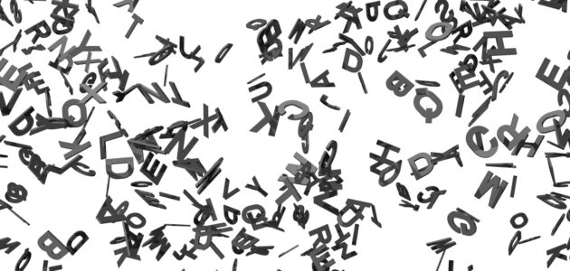 Zahlreiche schwarze Buchstaben in unterschiedlichen Schriftarten, Grössen und Ausrichtungen schweben vor weissem Hintergrund. Das Bild symbolisiert das Erkennen von Schriften auf einer Website.