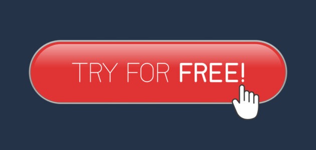Roter Call-to-Action-Button mit der Aufschrift «Try for free», auf den ein Handzeiger klickt. Das Bild veranschaulicht den Call-to-Action-Button einer Facebook-Seite.