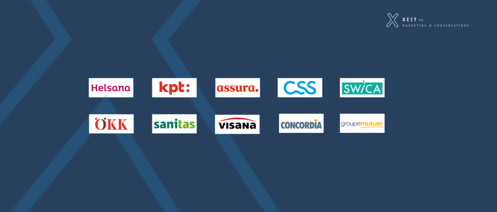 Logos der zehn untersuchten Schweizer Krankenkassen auf blauem Hintergrund