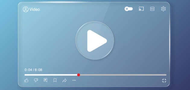 Illustration eines Videoplayers mit grosser Wiedergabetaste, Zeitleiste sowie Symbolen für Untertitel, Übertragung und Einstellungen. Das Bild steht für Videoportale als Alternativen zu YouTube.