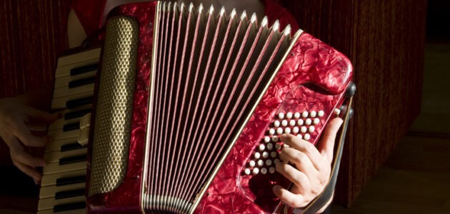 Eine Person spielt ein rotes Akkordeon mit ausgezogenem Faltenbalg, Klaviertasten und weissen Knöpfen. Das Instrument symbolisiert auf- und zuklappbare Akkordeons auf einer Website.