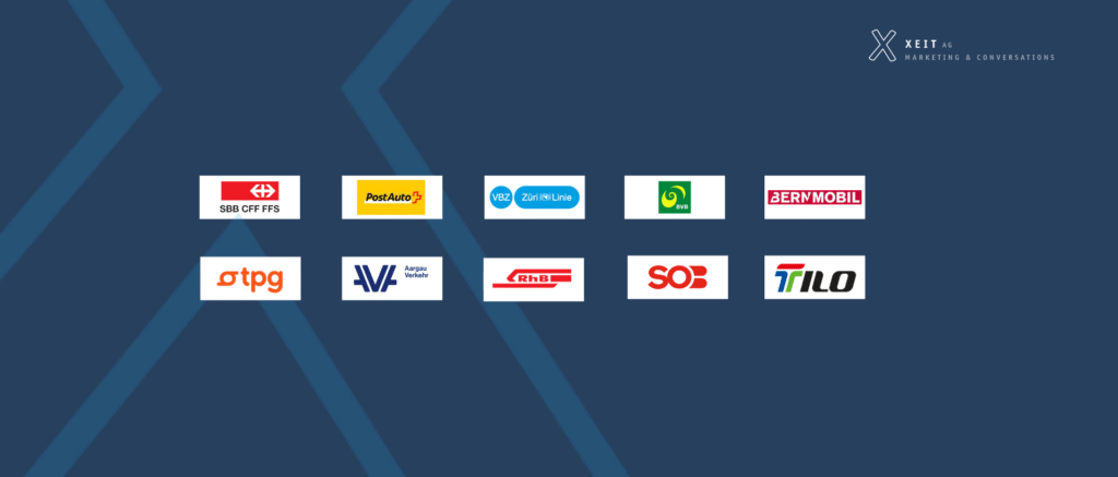 Übersicht der zehn untersuchten Verkehrsbetriebe: 10 Logos auf blauem Hintergrund.